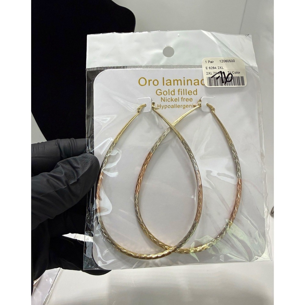 Oro laminado gold filled tri color teardrop hoop earrings nickel free hypo 70mm